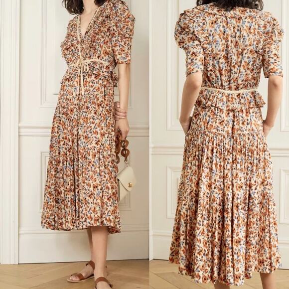 Ulla Johnson Dress Midi Wrap Orange Blue Ruffle Pleated Knit Trim Lisette US 4 - Picture 2 of 13